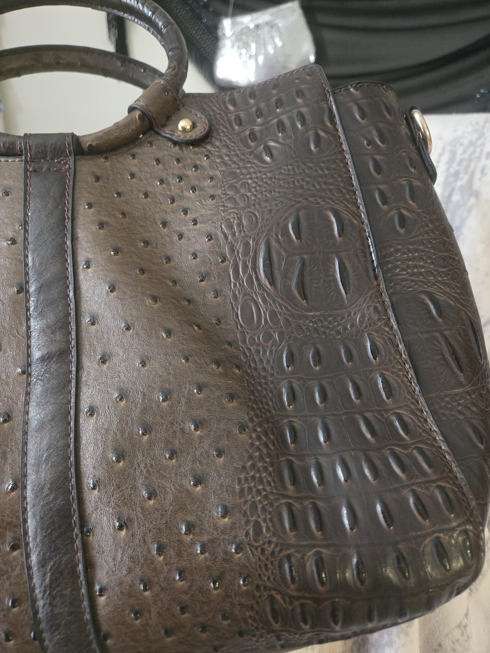 Brown Ostrich Embossed Tote Bag Matching Wallet Croc Texture Satchel - Picture 4 of 13